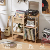 LELELINKY Record Player Stand, Natural Oak Wood Record Holder with Vinyl Storage Holds up to 300+ Albums, 3-Tier Rattan Media Table with Vinyl Display Shelf, Record Storage Cabinet for Living Room LELELINKY