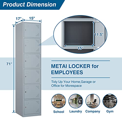 PEUKC Metal Locker Cabinet with 6 Doors, 71" Storage for Employees, 6 Tier Steel Locker with Lock and Keys for School, Gym, Home, Office Staff (Grey) PEUKC