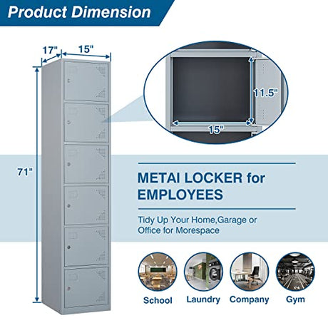 PEUKC Metal Locker Cabinet with 6 Doors, 71" Storage for Employees, 6 Tier Steel Locker with Lock and Keys for School, Gym, Home, Office Staff (Grey) PEUKC