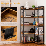DUMOS 65 inch L Shaped Bookshelf, 5 Tier Corner Bookcase with Hooks and Edge, Industrial Pantry Shelves with Metal Frame, Wooden Open Storage for Living Room, Home Office, Bedroom, Rustic Brown DUMOS