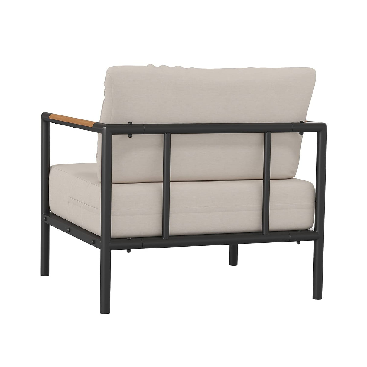 Flash Furniture Lea Indoor/Outdoor Patio Chair with Cushions - Modern Aluminum Framed Chair with Teak Accented Arms, Black with Beige Cushions Flash Furniture