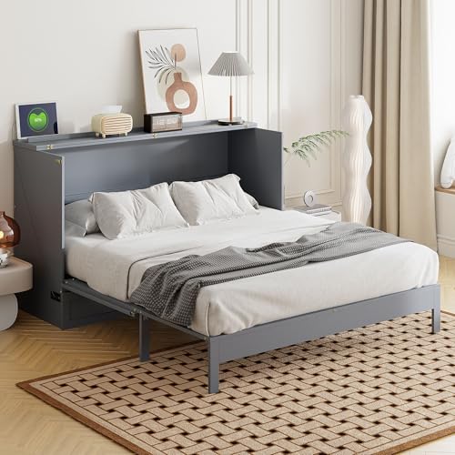 P PURLOVE Queen Murphy Bed with Large Drawers, Wood Cabinet Bed with USB Port, No Box Spring Needed, Easy Assembly (Gray) P PURLOVE