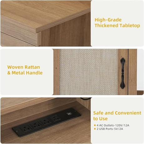 DWVO Farmhouse Office Desk with Drawer & Power Outlets, Rattan Computer Desk w/LED Strip & Monitor Stand for Bedchamber Study, Home Office Table w/Storage Cabinet for Working Writing Gaming (Oak) DWVO