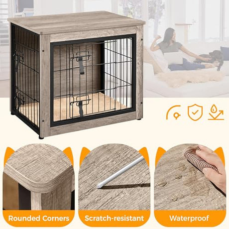 Yaheetech 27.5'' Dog Crate Furniture with Cushion Wooden Dog Crate with Double Doors/Adjustable Feet Side End Table for Small/Medium Dogs, Greige Yaheetech