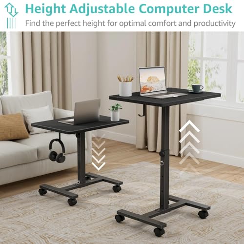 WINAZ Small Portable Standing Rolling Desk - 24 Inch Mobile Sit Stand Desk Adjustable Height with Wheels for Small Spaces Home Office, Kids Couch Laptop Desks Side End Table, Black WINAZ