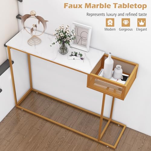 Giantex Narrow Console Table with Storage - Gold Sofa Table with Storage Basket, Sturdy Metal Frame, Modern Entryway Table, Entry Table for Living Room, Hallway, Corridor, Foyer Table, Gold & White Giantex