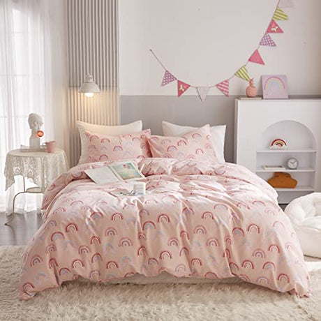 Ivellow Twin Duvet Cover Bed Set 100% Cotton Rainbow Pink for Girls Cute Kawaii Bedding Set 3 Pcs Ultra Soft Breathable Toddler Teen Kids Patterned Cartoon Comforter Cover. Ivellow