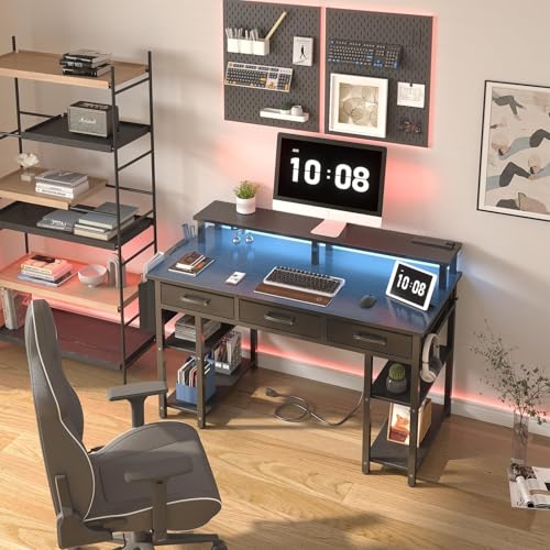 Lufeiya Gaming Desk with Led Lights and Power Outlets, 47 Inch Home Office Desk with Monitor Stand & Shelves, Writing Study Computer Desks with Fabric Drawers for Bedroom, Black Lufeiya