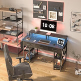 Lufeiya Gaming Desk with Led Lights and Power Outlets, 47 Inch Home Office Desk with Monitor Stand & Shelves, Writing Study Computer Desks with Fabric Drawers for Bedroom, Black Lufeiya