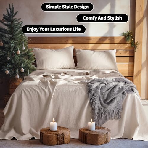 LBRO2M 100% Linen Sheet Set Queen Size, Bed Sheets 4 Piece Sets, Solid Color Natural Flax Bed Sheets Soft Breathable Bedding,16" Deep Pocket,All Season (Queen, Linen) LBRO2M