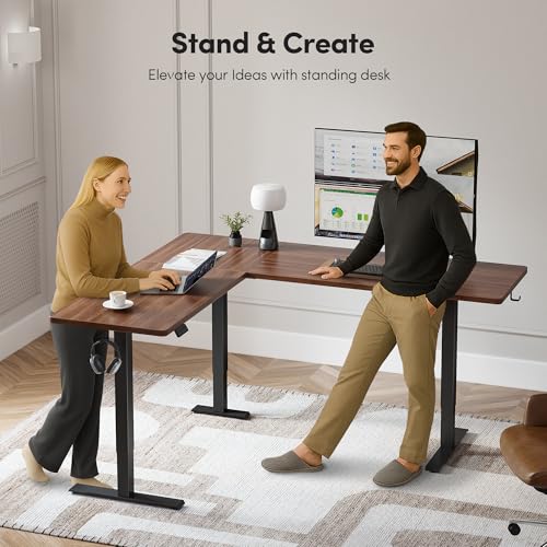 FEZIBO 63" x 55"L Shaped Standing Desk Adjustable Height, 63 Inch Electric Stand up Corner Computer Desk, Sit Stand Home Office Desk with Splice Board, Black Frame/Black Walnut Top FEZIBO