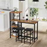 VECELO Bar Table and Chairs Set for 2, 3-Piece Dining Set with Storage Shelves, Cup Holder & Wine Rack, PU Leather Cushion Stools, for Kitchen Small Space, Brown VECELO