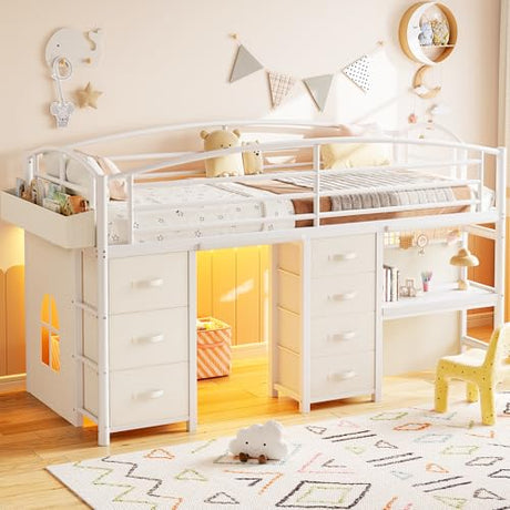 Low Loft Bed Twin Size with 7 Storage Drawers, Desk and LED Lights, Heavy Duty Metal Kids Loft Bed with 12" H Safety Guardrail, Anti-Collision Pad, Private Play Curtain, Under-Bed Play Space (White) Jocoevol
