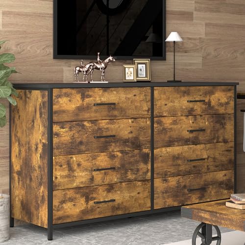 IKENO 8 Drawer Dresser, Industrial Wood Storage Dressers & Chests of Drawers with Sturdy Steel Frame, Storage Dresser for Bedroom Wood (Rustic Brown) IKENO