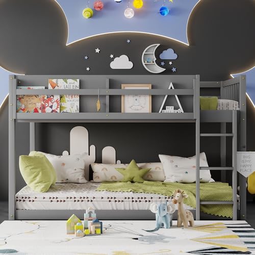 Duxelifin Twin Low Bunk Beds for Kids, Wooden Bunk Bed Frame Twin Over Twin, Convertible Floor Bunk Bed with Storage Shelf & Ladder, No Box Spring Needed (Grey) Duxelifin