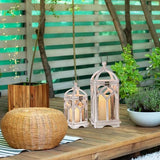 Staymoment Farmhouse Decorative Candle Lanterns Set of 2, Indoor Rustic Wooden Candle Holder for Table Centerpiece Fireplace Mantle, 12" & 16" Hanging Home Decor for LED & Real Candles, Whitewashed Staymoment