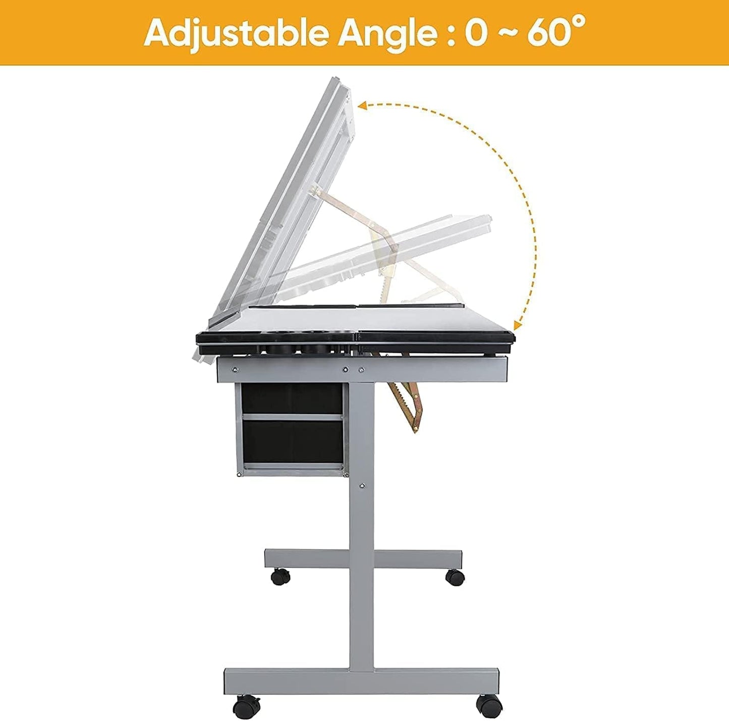 Oteymart Adjustable Drafting Table with Glass Tabletop, Art Desk and Craft Work Station, Includes 2 Slide Drawers and Wheels for Home Office, Ideal for Reading, Writing, and Painting - WoodArtSupply