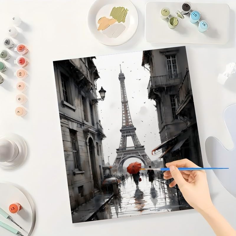 City Street Paint by Numbers Kit for Adults - DIY Eiffel Tower with Red Umbrella in Paris Painting on Canvas 16x20 Inches, Acrylic Paint Set, Suitable for Beginners,Travel Art for Decoration TAOPAOLAB