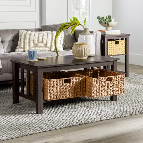 Walker Edison Alayna Mission Style Two Tier Coffee Table with Rattan Storage Baskets, 40 Inch, Espresso - WoodArtSupply