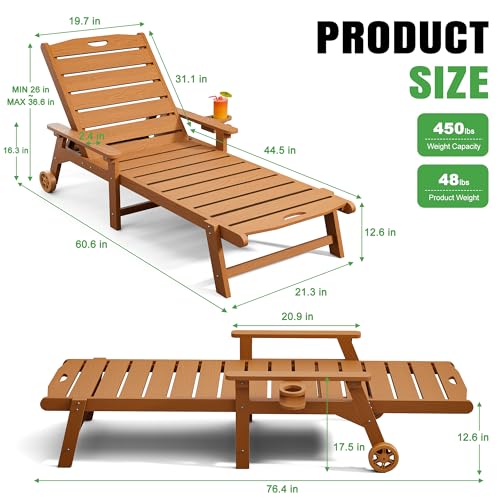LegacyAmerhome Outdoor Lounge Chair Set of 2 with 5-Position Adjustable, Outside Lounge Chair with Cup Holder, Wheels for Easy Mobility, HDPE Tanning Chair for Poolside, Patio, Brown