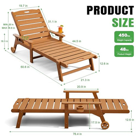 LegacyAmerhome Outdoor Lounge Chair Set of 2 with 5-Position Adjustable, Outside Lounge Chair with Cup Holder, Wheels for Easy Mobility, HDPE Tanning Chair for Poolside, Patio, Brown LegacyAmerhome