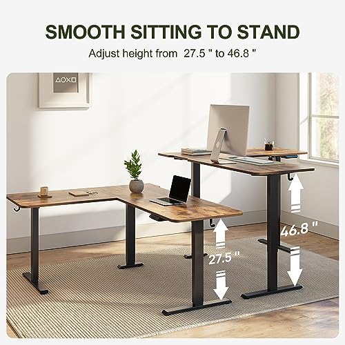 BANTI L-Shaped Standing Desk - 63 x 55 Inch Adjustable Corner Standing Desk with Charging Station - L Shape Sit Stand Table with Memory Controller, Splice Board for Home Office, Rustic Brown BANTI