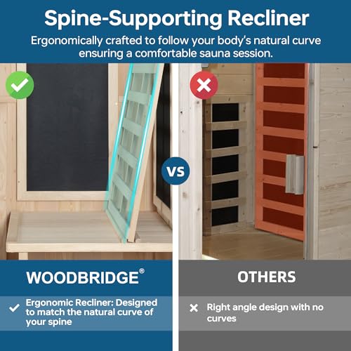 Woodbridge Infrared Home Sauna Room 1 Person Japanese Cedar Indoor Sauna with 7 Carbon Heaters, Red Light Therapy, Bluetooth Speaker, Intelligent Control Panel, Tempered Glass & Top Vent WOODBRIDGE