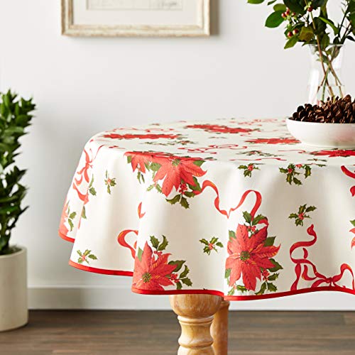 Violet Linen Decorative Christmas Poinsettias and Bows Design Tablecloths - 60" Round Violet Linen