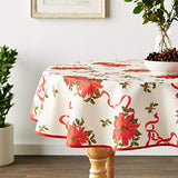 Violet Linen Decorative Christmas Poinsettias and Bows Design Tablecloths - 60" Round Violet Linen