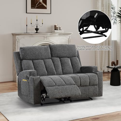 CANMOV Manual Recliner Sofa Set, Fabric Home Theater Seating with Side Pockets and Cup Holders, 2 Seat Reclining Couch for Living Room, Office, Dark Grey
