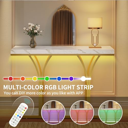 DWVO Gold Entryway Table with LED Lights, Modern 39-Inch Console Accent Table, Narrow Sofa Side Foyer Table with Faux Marble Top for Entrance, Entry Way, Hallway, Living Room DWVO