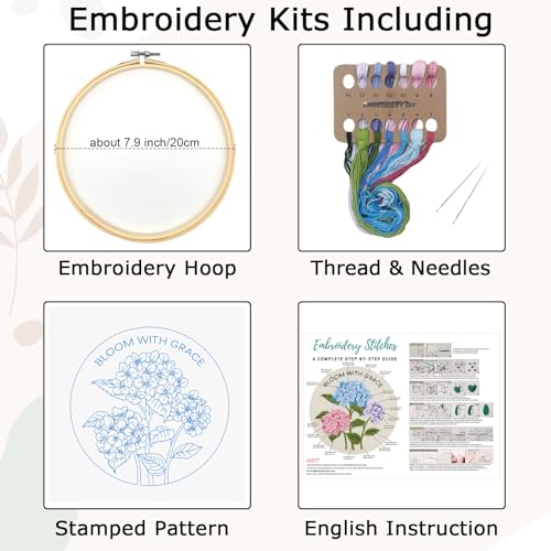 Nuberlic Hydrangea Embroidery Kits for Beginner Adults Cross Stitch Kit with Stamped Pattern Include Cloth Hoops Threads Needles