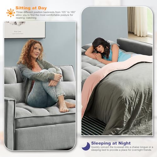 Antetek 3 in 1 Convertible Sleeper Sofa Bed, Modern Velvet Loveseat Futon Couch w/Pullout Bed, Small Love Seat Lounge Sofa w/Reclining Backrest, Toss Pillows, Pockets, Furniture for Living Room, Grey Antetek