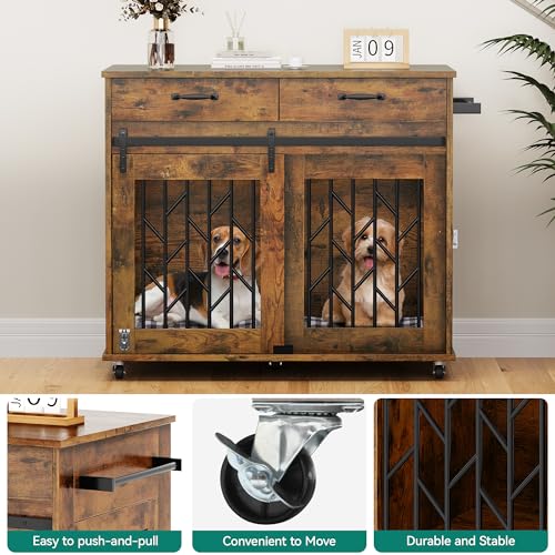 YITAHOME Dog Kennel Furniture for 2 Dogs, 39 inch Doble Dog Crate with Storage Drawers, Indoor Wooden Dog House Heavy Duty for 2 Small Medium Dogs, - WoodArtSupply