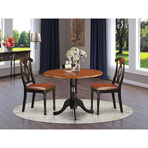 East West Furniture Dublin 3 Piece Modern Set Contains a Round Wooden Table with Dropleaf and 2 Faux Leather Kitchen Dining Chairs, 42x42 Inch, Black & Cherry - WoodArtSupply