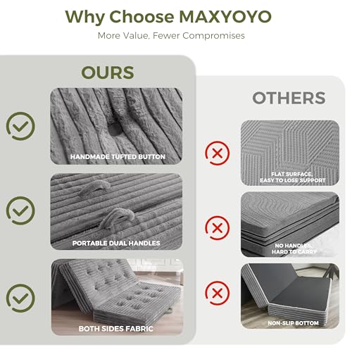 MAXYOYO Folding Mattress with Handles, 6 Inch Tri-Fold Mattress Floor Sofa Bed, Soft Faux Fur Folding Bed with Supportive Foam Filling, Portable Guest Couch for Sleeping, Full, Grey MAXYOYO