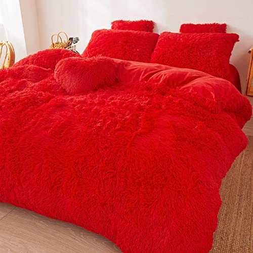 FOPPA Christmas Comforter Cover Queen - Ultra Soft Plush Bedding Set 3 Pieces (1 Faux Fur Duvet Cover + 2 Faux Fur Pillow Cases) Red Bed Set FOPPA