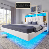 DWVO Queen Size Floating Bed Frame with Bookcase Storage Headboard, RGB LED Lights Beds with Charging Station, Upholstered Platform with Heavy Duty Wood Slat, No Box Spring Needed, Beige DWVO