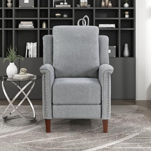 Lexicon Push Back Recliner Chair with Footrest, Reclining Sofa Armchair, Modern Chenille Fabric Recliner with Nailhead Trim for Living Room/Office/Apartment, Gray