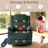 IKAKOS 360 Degree Swivel Rocker Recliner Chair with Heat and Massage, Soft Corduroy Manual Reclining Nursery Glider with USB Port, 2 Cup Holders & 4 Storage Pockets, 400lbs Capacity (Green)