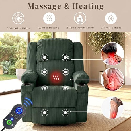 IKAKOS 360 Degree Swivel Rocker Recliner Chair with Heat and Massage, Soft Corduroy Manual Reclining Nursery Glider with USB Port, 2 Cup Holders & 4 Storage Pockets, 400lbs Capacity (Green) IKAKOS