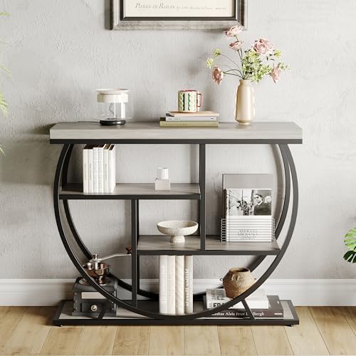 GAOMON 39 in Farmhouse Console Table for Entryway, 4 Tier Rustic Hallway Table with Storage & Semi-Circular Metal Frame, Narrow Foyer Furniture for Living Room, Apartment, Behind Sofa, Grey GAOMON