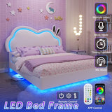AMERLIFE Floating Full Bed Frame with Adjustable RGB LED Headboard, Leather Upholstered Platform Bed for Kids/Girls,Wood Slats Support, No Box Spring Needed, Easy Assembly, White AMERLIFE