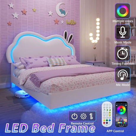AMERLIFE Floating Full Bed Frame with Adjustable RGB LED Headboard, Leather Upholstered Platform Bed for Kids/Girls,Wood Slats Support, No Box Spring Needed, Easy Assembly, White AMERLIFE