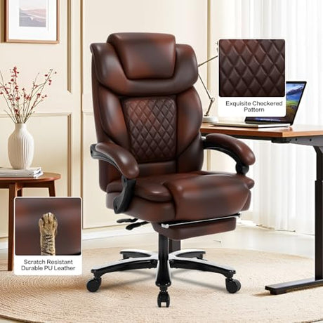 Comermax Heavy Duty Leather Office Chair with Footrest, Wide Seat Big Tall Reclining Office Desk Chair for 500lbs Heavy People, Brown Comermax