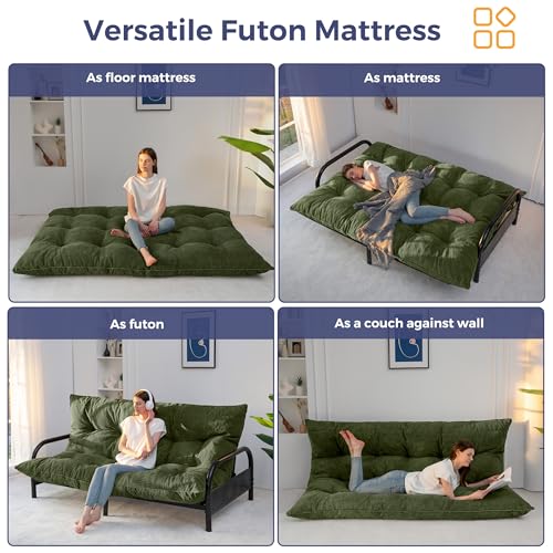 MAXYOYO 6" Japanese Floor Mattress, Foldable Futon Mattress Queen Size, Tufted Roll Up Floor Bed, Thick Tatami Mat Sleeping Pad Portable Lounger for Camping Guest Room Dormitory Bedroom RV, Dark Green MAXYOYO
