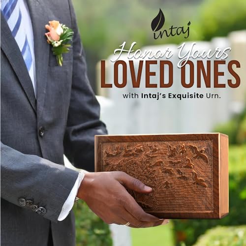 INTAJ Handmade Rosewood Urn for Human Ashes - Tree of Life Wooden Urns Hand-Crafted - Funeral Cremation Urn for Ashes (11x7.5x6 (340 Cu/In), Tree of INTAJ