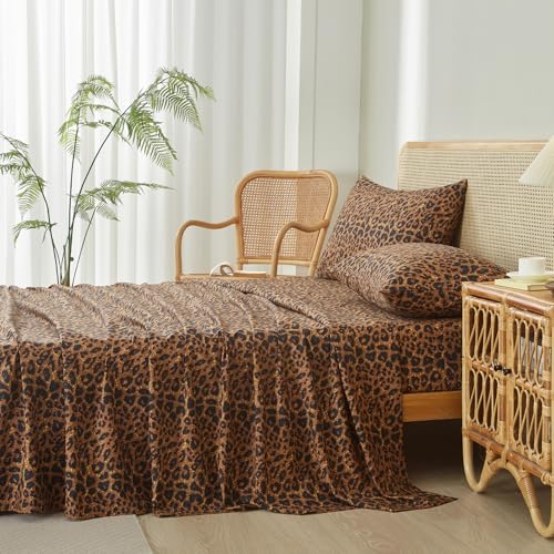 LifeTB Leopard Cheetah Printed King Sheets Set, Cooling Soft Microfiber Brown Leopard Bedding Sheets with 16" Deep Pocket, 4 Piece Vintage Animal Cheetah Pattern King Size Bed Sheets & Pillowcases LifeTB