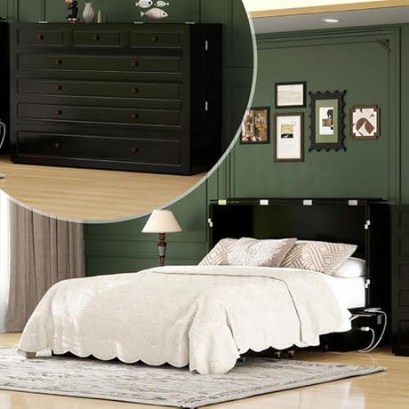 Keloyid Queen Murphy Bed Included Mattress：Wood Murphy Bed Cabinet with USB Charging Station and Large Storage Drawer for Bedrooms/Guest Rooms/Apartments, Black-13 Keloyid