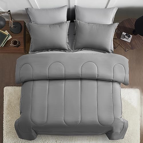 Maple&Stone California King Size Comforter Set 7 Pieces Bed in a Bag - Down Alternative Bed Set with Sheets, Pillowcases & Shams, Soft Reversible Duvet Insert,Grey Maple&Stone